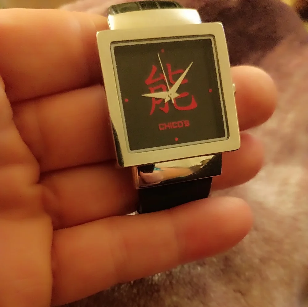 Chico's Asian style Able black and red letters open clasp watch